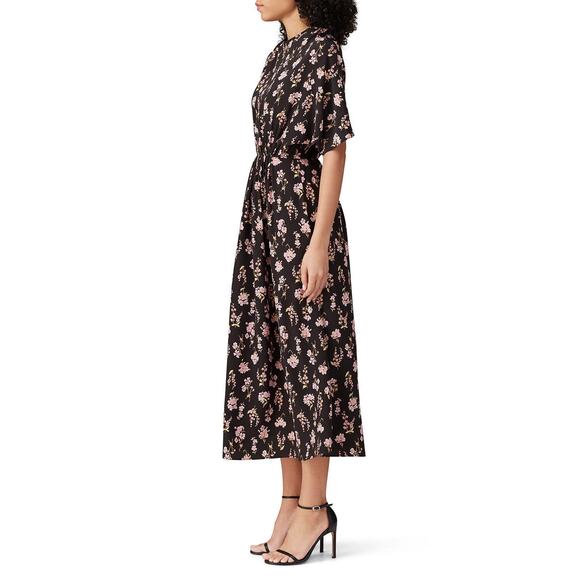 Les Reveries Black Floral Printed Short Sleeve A-Line Silk Midi Dress Size 4 - Picture 2 of 14